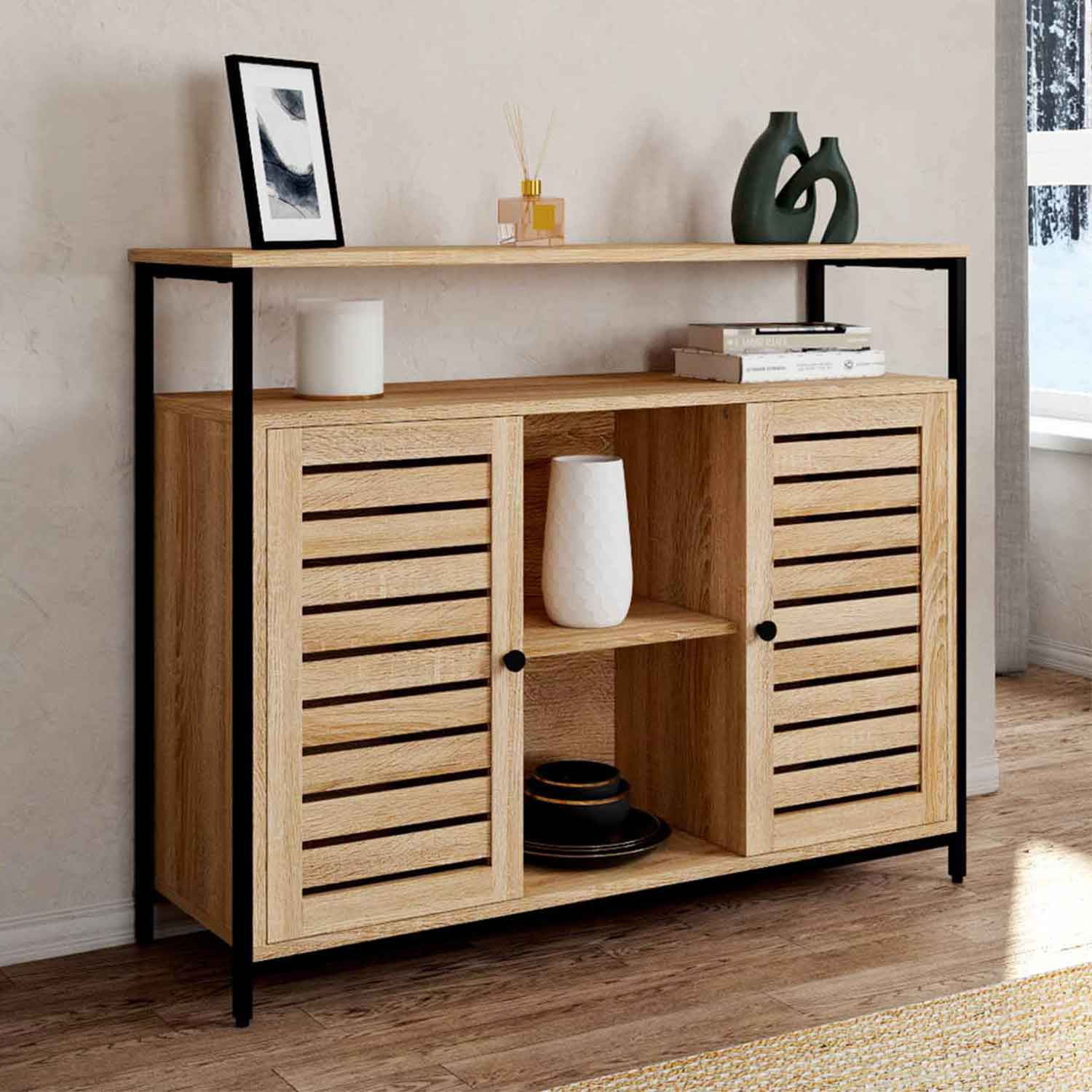 Buffet portes persiennes bois et métal noir