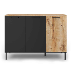 Buffet Surélevé Industriel 3 Portes 110 Cm Ottawa - Bois Et Noir - Étagères Réglables - Hauteur 60 Cm, Surélevé De 20 Cm