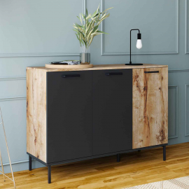 Buffet OAKLAND 3 portes bois et noir design industriel 110 cm