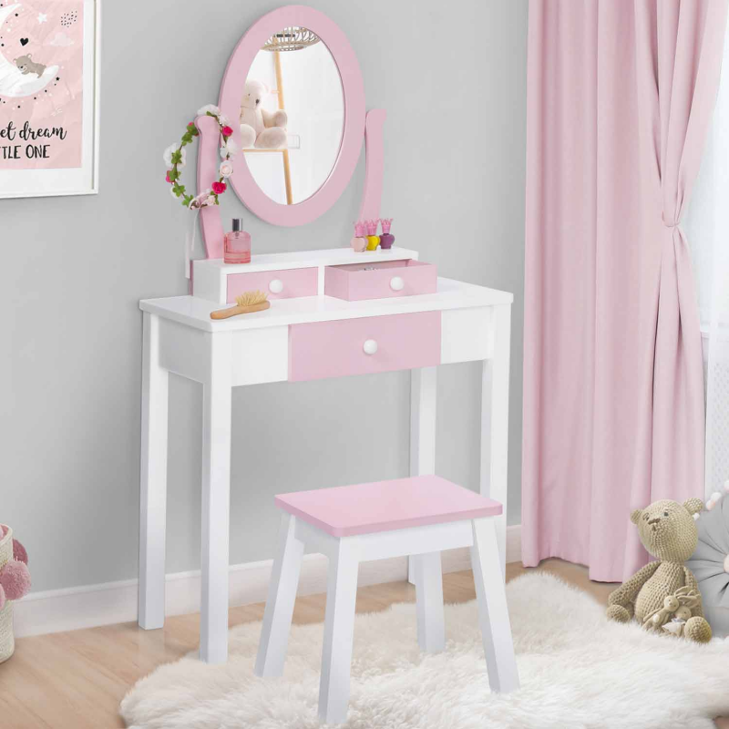 Coiffeuse Enfant Roza LED Blanche Et Rose Avec Triple Miroir, Tabouret Et Tiroir - Parfaite Pour Petites Princesses