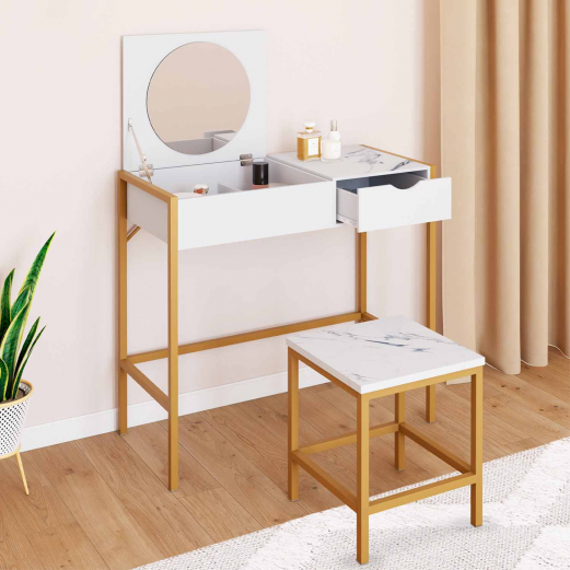 Coiffeuse ALASKA miroir rabattable avec tiroir et tabouret