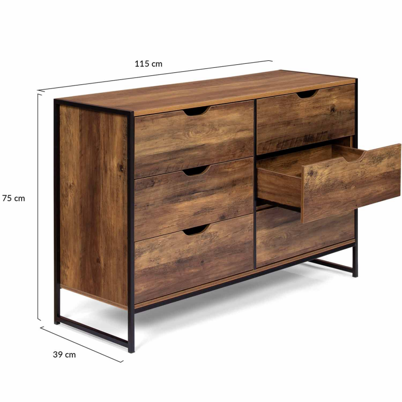 Commode 6 Tiroirs IDMarket Sacramento 115 Cm - Style Industriel Bois Clair - NEUVE