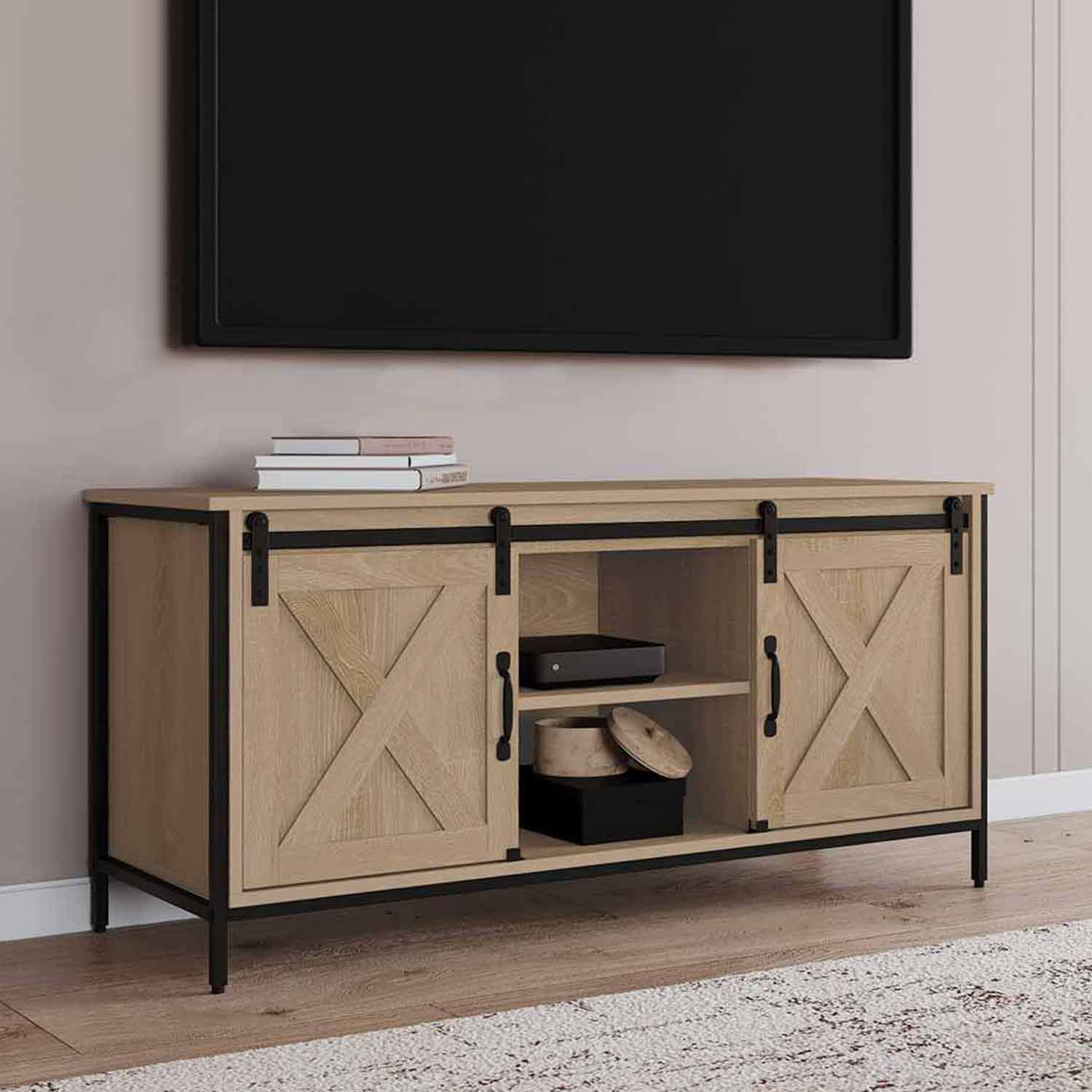 Meuble TV Industriel FirFurd 120cm - Blanc Et Doré - 2 Portes + 2 étagères - Bois Et Métal - Pour TV Jusqu'à 55"