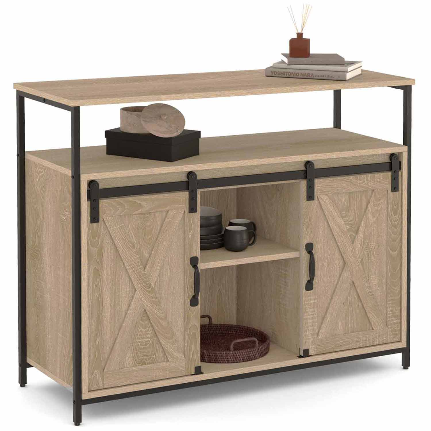 Buffet portes coulissantes grange bois clair effet vieilli