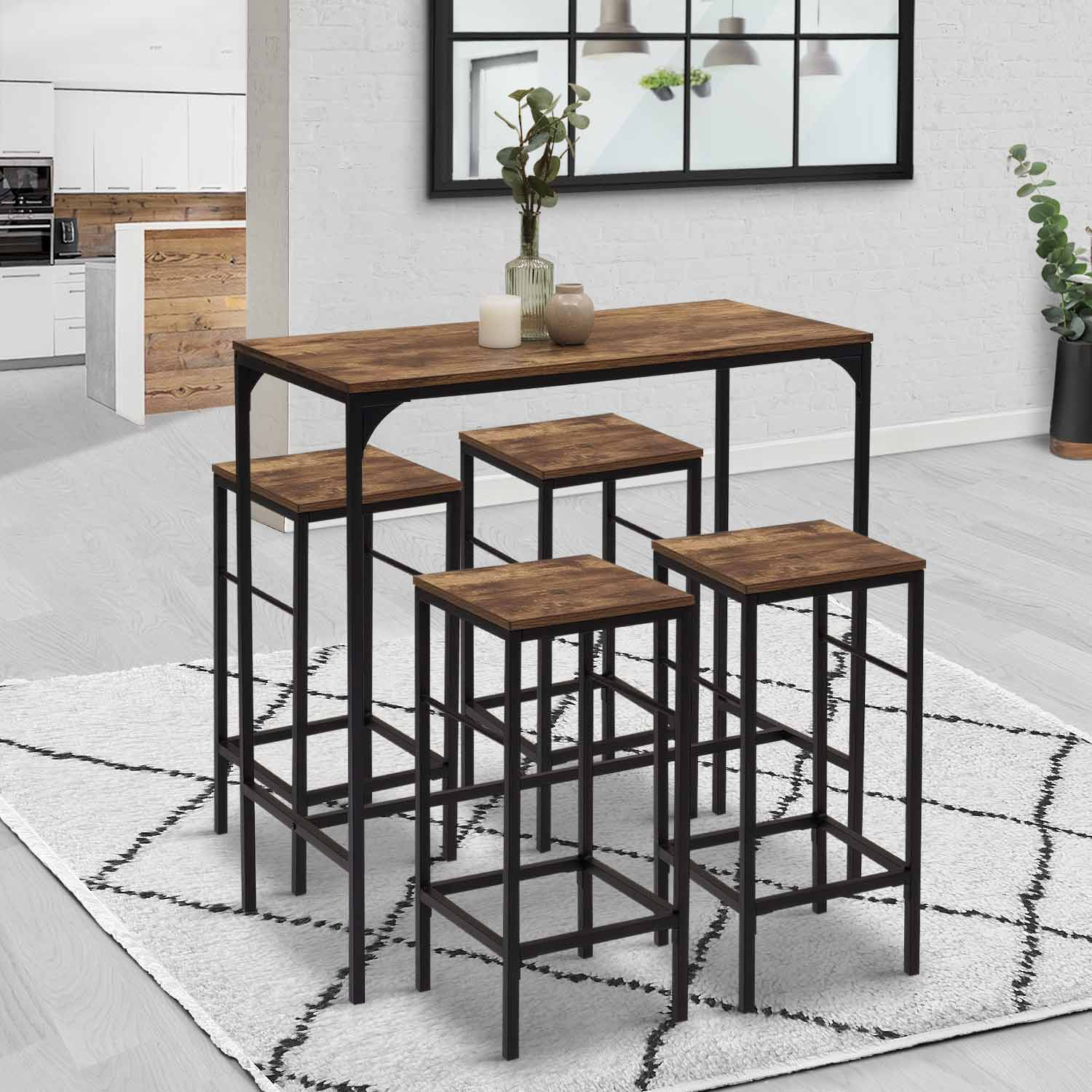 Table haute avec 4 tabourets bois effet vieilli