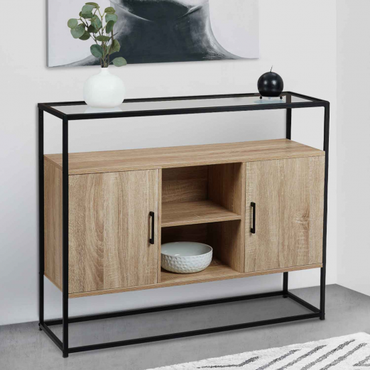 Buffet 2 portes SOLANO plateau en verre et pied métal design industriel 100 cm