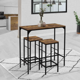 Ensemble table haute de bar DAYTON 100 cm et 2 tabourets effet vieilli design industriel