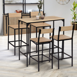 Ensemble table haute de bar DETROIT 100 cm et 4 chaises de bar design industriel