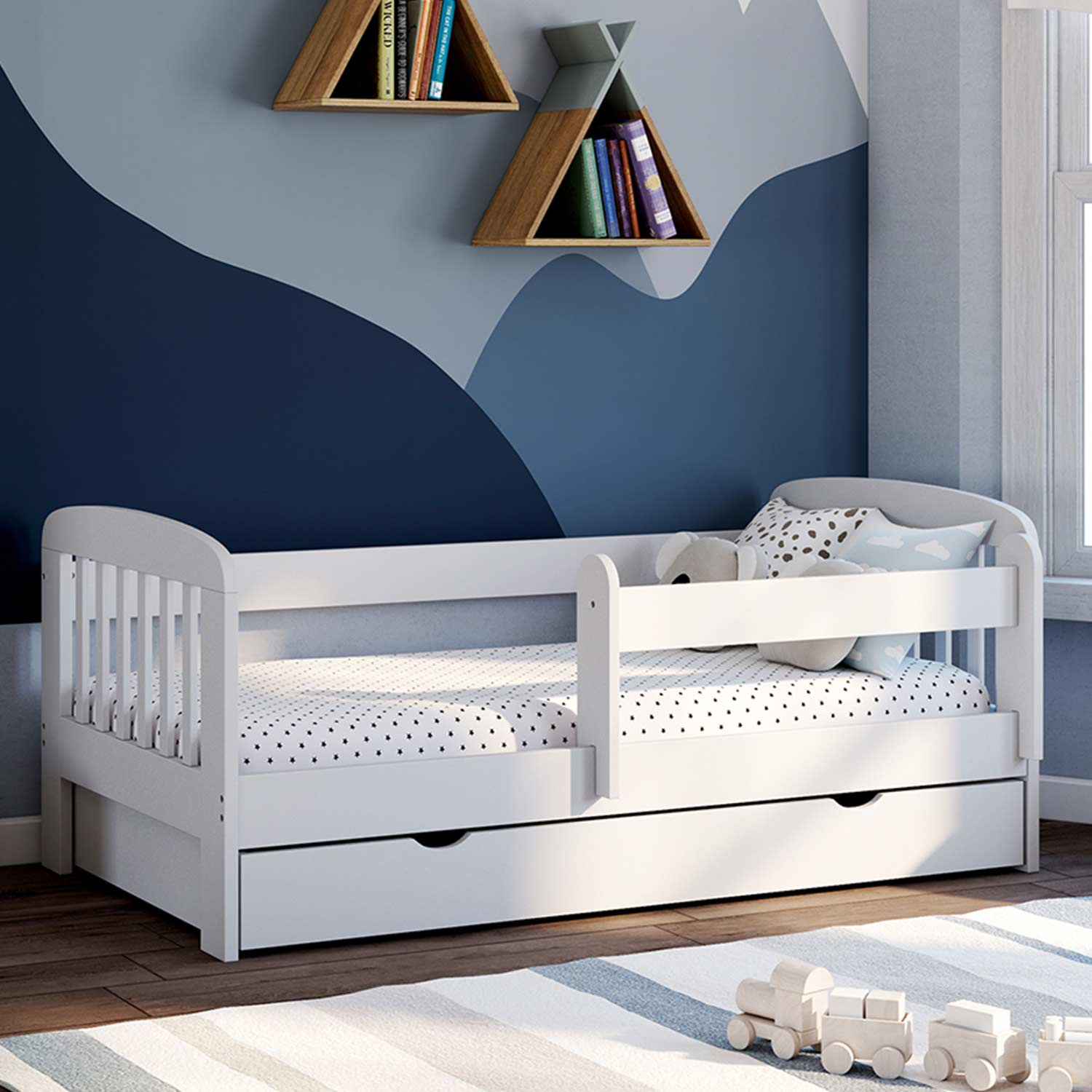 Lit enfant blanc avec tiroir de rangement sommier et barrières