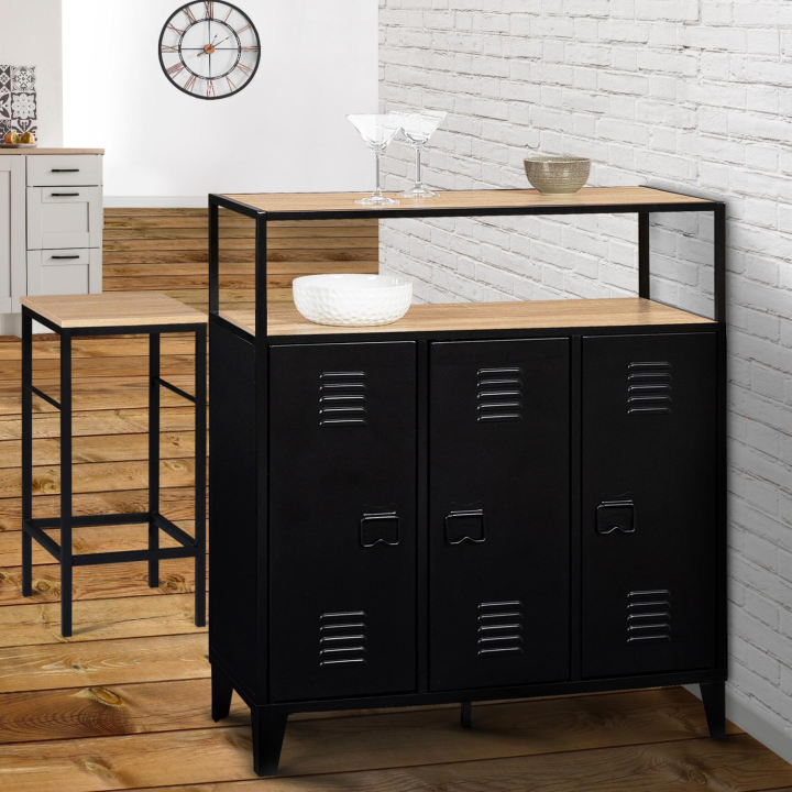Meuble de bar buffet 3 portes ESTER plateau façon hêtre en bois et métal noir Meuble de bar buffet 3 portes ESTER plateau façon hêtre en bois et métal noir