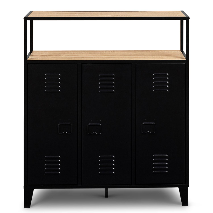 Meuble de bar buffet 3 portes ESTER plateau façon hêtre en bois et métal noir Meuble de bar buffet 3 portes ESTER plateau façon hêtre en bois et métal noir