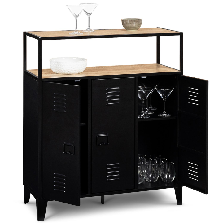 Meuble de bar buffet 3 portes ESTER plateau façon hêtre en bois et métal noir Meuble de bar buffet 3 portes ESTER plateau façon hêtre en bois et métal noir