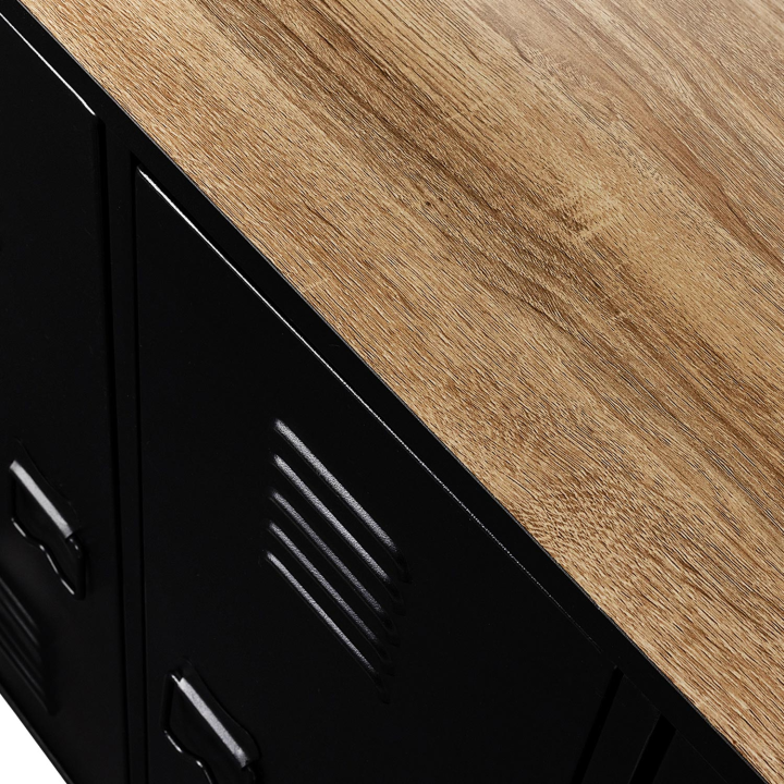 Meuble de bar buffet 3 portes ESTER plateau façon hêtre en bois et métal noir Meuble de bar buffet 3 portes ESTER plateau façon hêtre en bois et métal noir