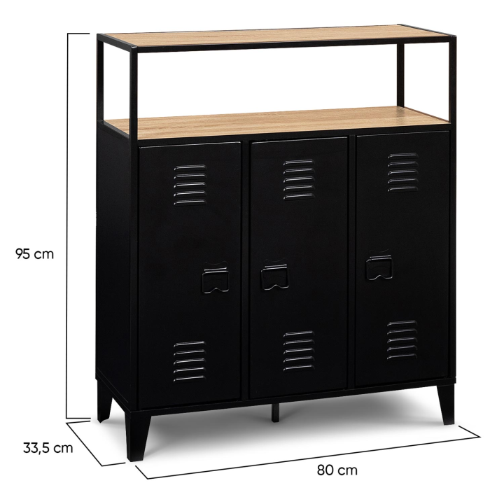 Meuble de bar buffet 3 portes ESTER plateau façon hêtre en bois et métal noir Meuble de bar buffet 3 portes ESTER plateau façon hêtre en bois et métal noir