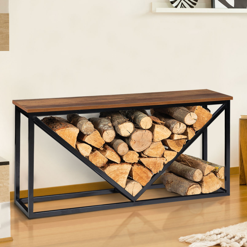 Range bûche intérieur plateau en bois vieilli et acier noir