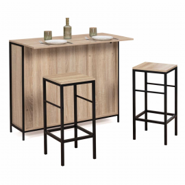 Ensemble meuble de bar DETROIT avec plateau rabattable et 2 tabourets design industriel