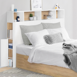 14859 - Testiera con contenitore integrato 165 cm bianco e legno effetto faggio Tête de lit CLEO 165 CM avec rangements blanc et hêtre