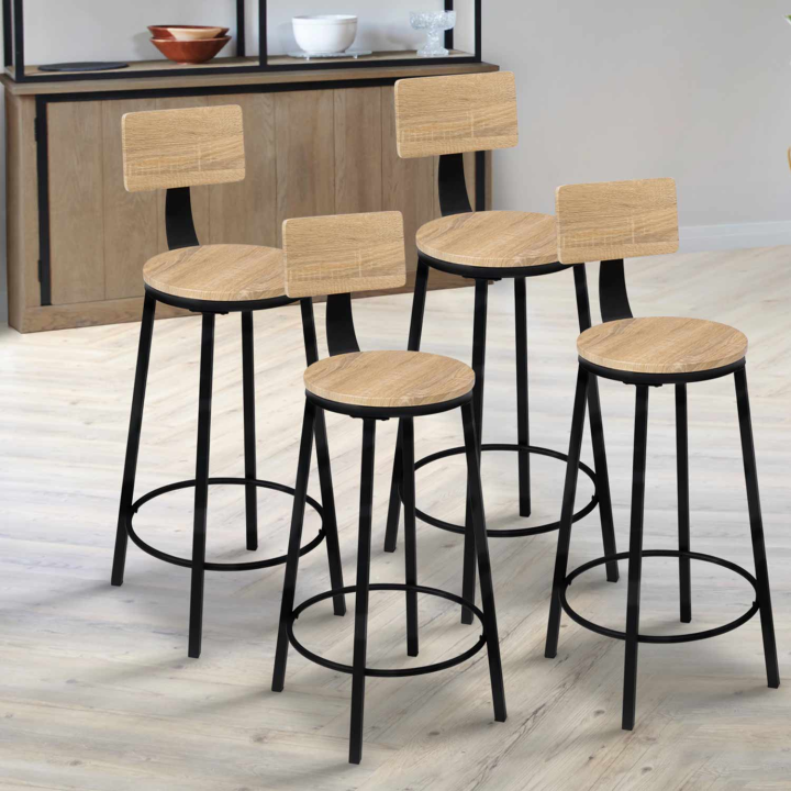 Lot de 4 tabourets de bar DETROIT assise ronde avec dossier design industriel Lot de 4 tabourets de bar DETROIT assise ronde avec dossier design industriel