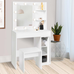 15580 - Tavolino da toilette bianco con specchio LED e sgabello a 1 cassetto Coiffeuse ZELIA miroir LED avec 1 tiroir, étagères, caisson de rangement et tabouret