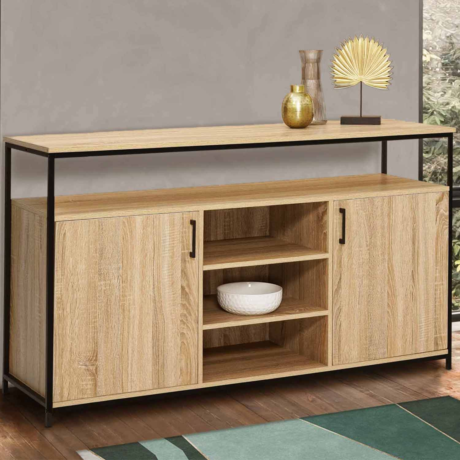 Buffet 2 portes industriel avec 3 étagères 140 cm