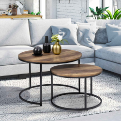 14986 - Set di 2 tavolini da caffè rotondi in legno scuro e metallo Lot de 2 tables basses gigognes HAWKINS rondes 54/70 effet vieilli design industriel
