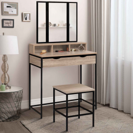 Coiffeuse DETROIT 3 miroirs avec niches, tiroirs et tabouret Coiffeuse DETROIT 3 miroirs avec niches, tiroirs et tabouret
