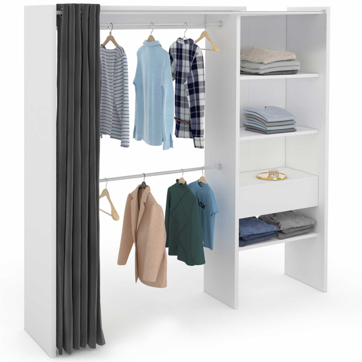 Kit dressing MARTY blanc avec rideau gris 120/170 x 50 x 180 cm