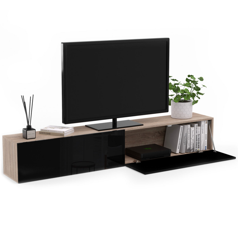 Meuble TV MALO 180 Cm - Design Bois Et Noir - 2 Placards + 4 Niches - Plateau Pour écran Jusqu'à 70 Pouces - À Monter Soi-même - 3