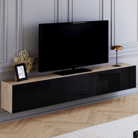 Meuble TV suspendu ELIO 2 portes bois et noir 180 cm