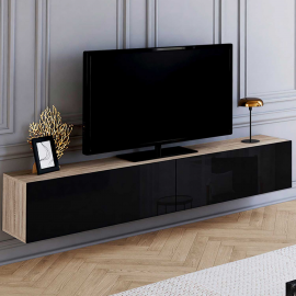 Meuble TV suspendu ELIO 2 portes bois et noir 180 cm Meuble TV suspendu ELIO 2 portes bois et noir 180 cm