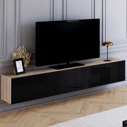 15553 - Hängendes TV-Möbel in Schwarz und Holz 180 cm Meuble TV 180 cm suspendu ELIO 2 portes bois et noir