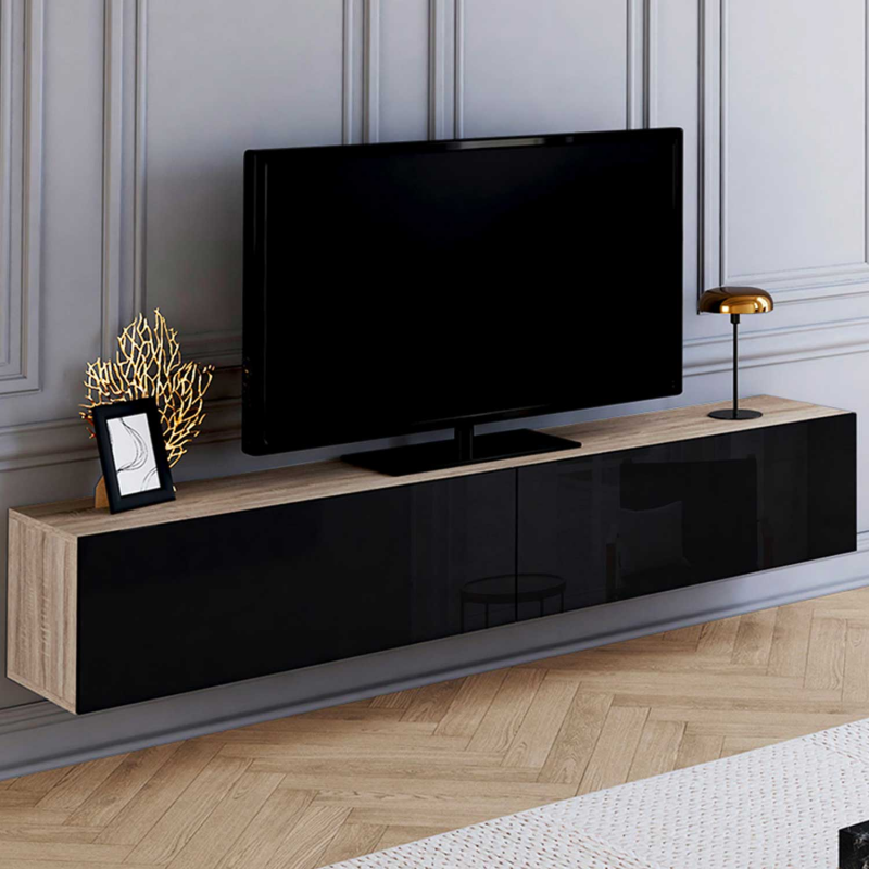 Meuble TV suspendu noir et bois pas cher 180 cm - ELIO
