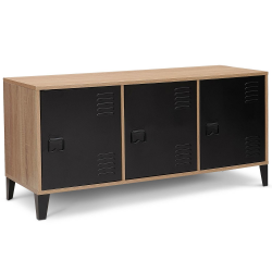 15691 - Credenza bassa industriale con legno e 3 ante in metallo nero Buffet bas 113 cm ESTER bois 3 portes métal noir design industriel