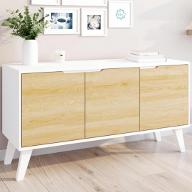 Buffet bas scandinave FINN blanc 3 portes façon hêtre 113 cm