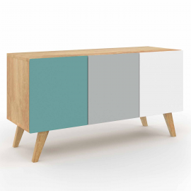 Buffet bas ALICE 3 portes bleu, gris et blanc design scandinave 113 cm