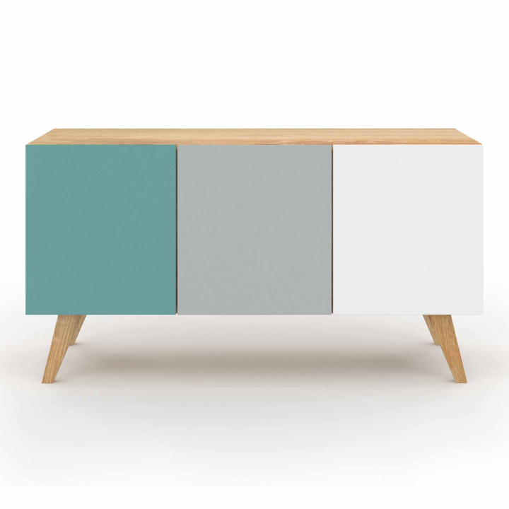 Buffet bas scandinave 113 cm ALICE 3 portes bleu, gris et blanc