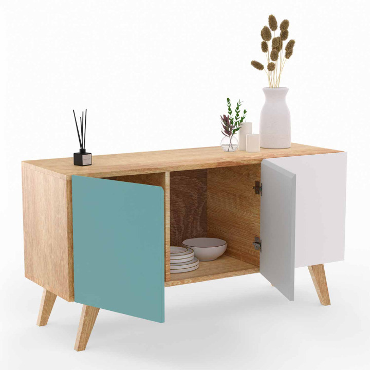 Buffet bas scandinave 113 cm ALICE 3 portes bleu, gris et blanc