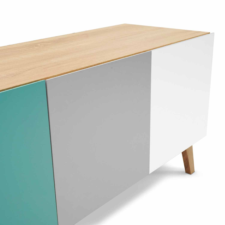 Buffet bas scandinave 113 cm ALICE 3 portes bleu, gris et blanc