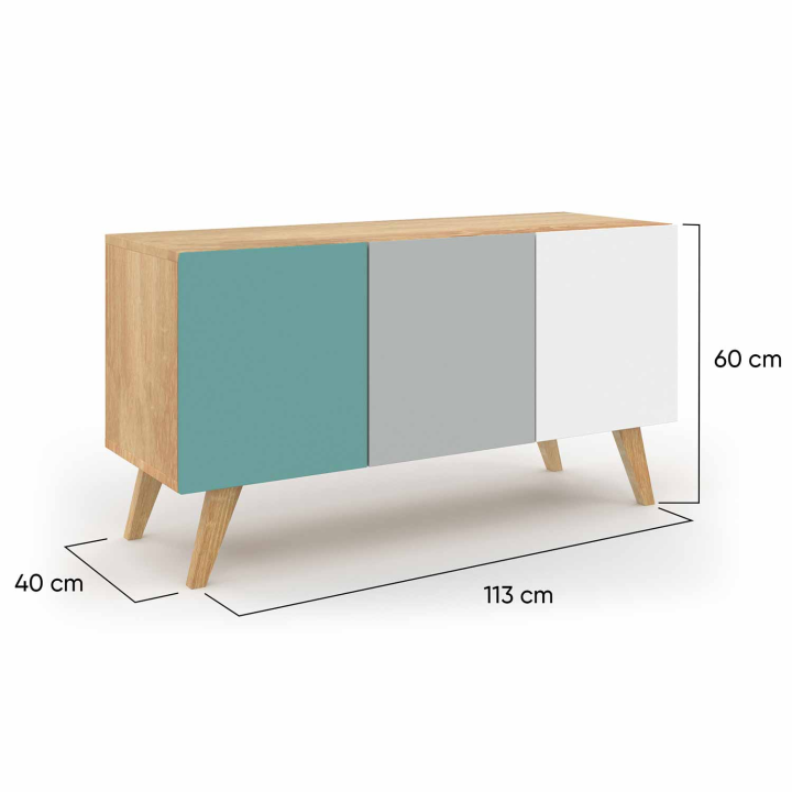 Buffet bas scandinave 113 cm ALICE 3 portes bleu, gris et blanc