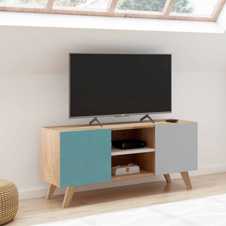 Meuble TV 113 cm scandinave ALICE bleu, gris et blanc Meuble TV 113 cm scandinave ALICE bleu, gris et blanc