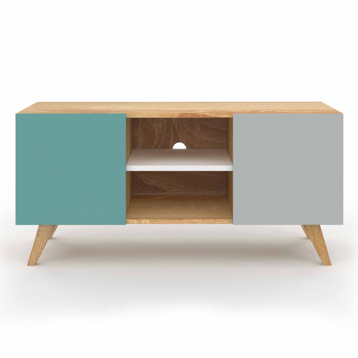 Meuble TV 113 cm scandinave ALICE bleu, gris et blanc Meuble TV 113 cm scandinave ALICE bleu, gris et blanc