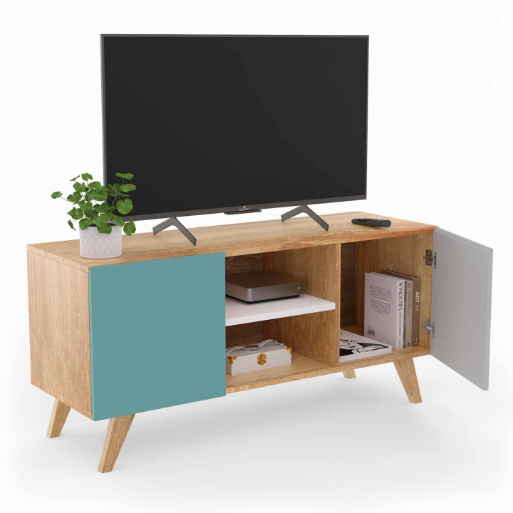 Meuble TV 113 cm scandinave ALICE bleu, gris et blanc Meuble TV 113 cm scandinave ALICE bleu, gris et blanc