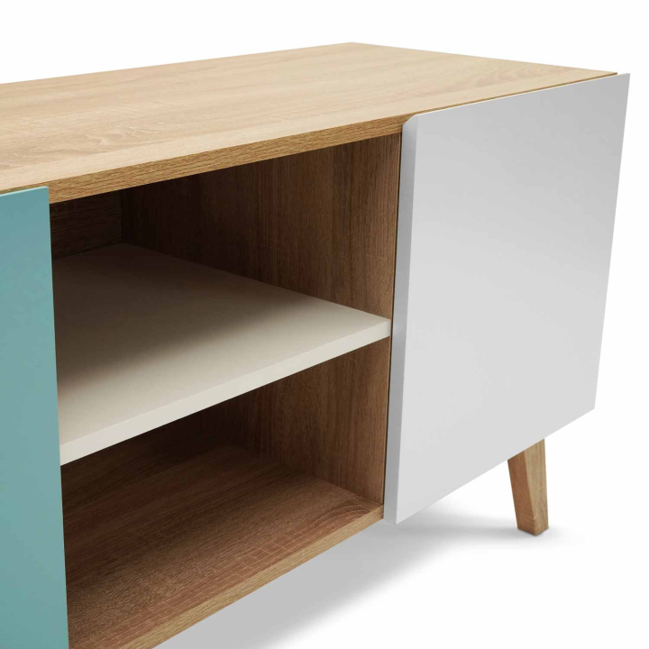 Meuble TV 113 cm scandinave ALICE bleu, gris et blanc Meuble TV 113 cm scandinave ALICE bleu, gris et blanc