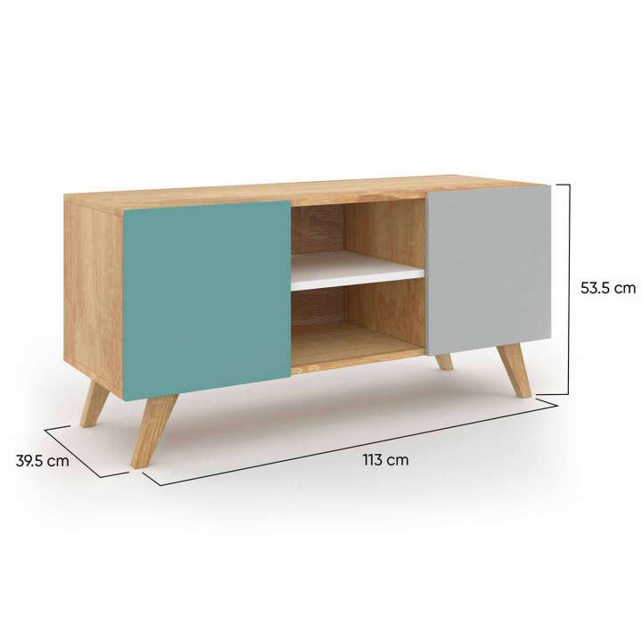 Meuble TV 113 cm scandinave ALICE bleu, gris et blanc Meuble TV 113 cm scandinave ALICE bleu, gris et blanc