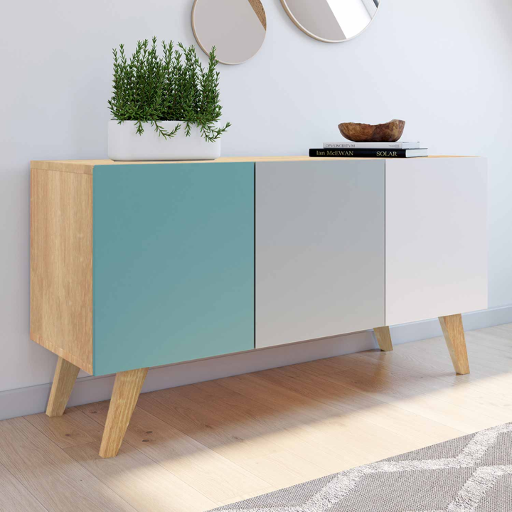 Buffet bas scandinave 113 cm ALICE 3 portes bleu, gris et blanc