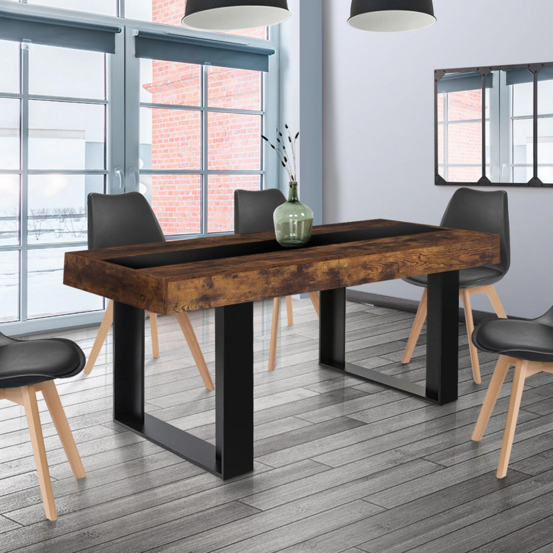 Table à Manger Ronde Extensible PHOENIX 4-6 Personnes - Plateau Bois Vieilli, Pieds Noir - 110 Cm Extensible à 150 Cm - 2