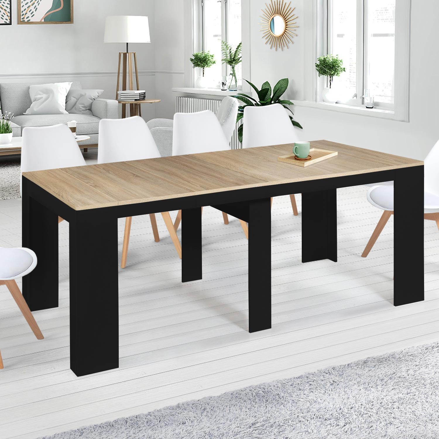 Table console extensible 10 personnes bois noir et façon hêtre