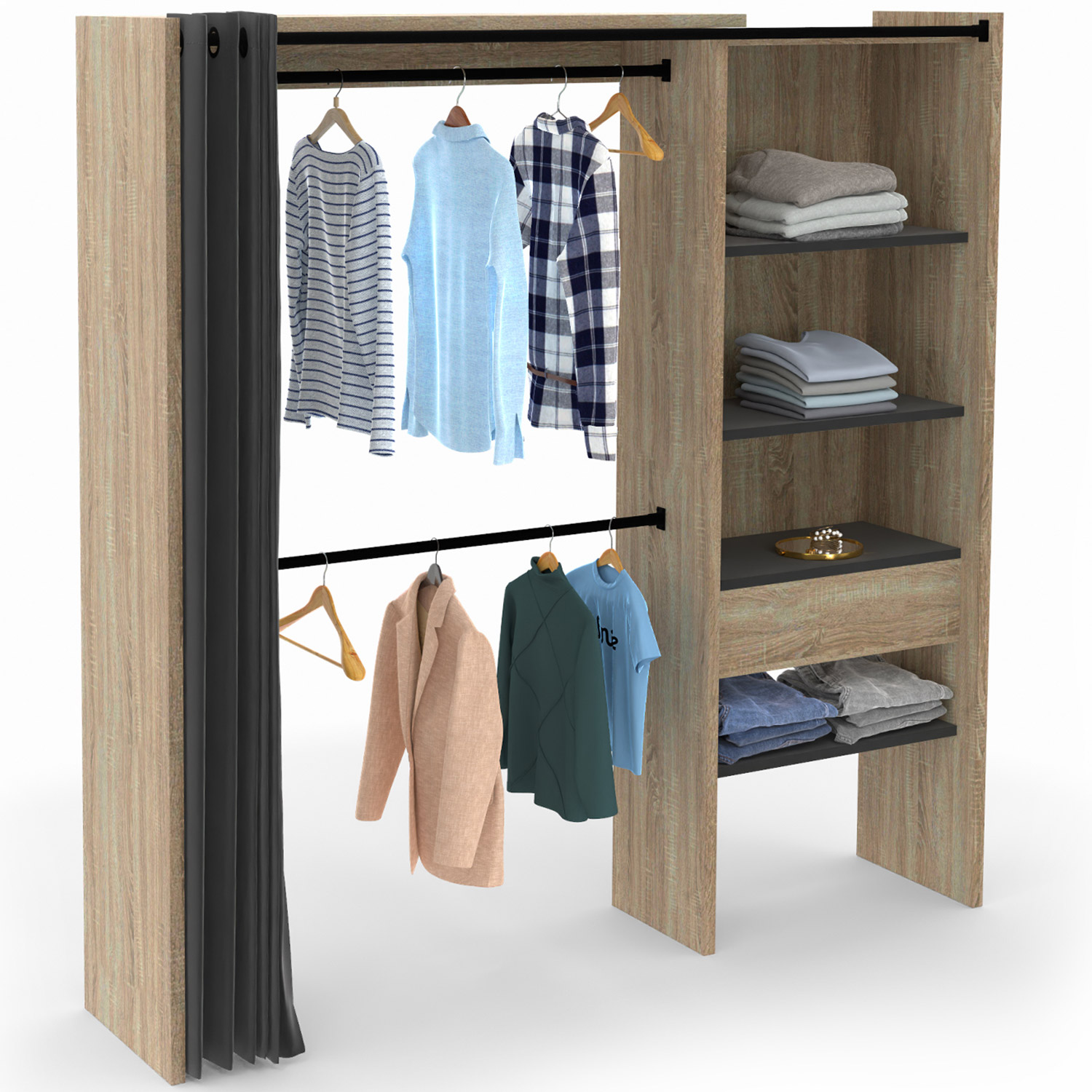 Dressing D'angle Modulable MELMAN Bois/noir - 90/127 Cm, 2 Penderies, 4 étagères, Hauteur 180 Cm