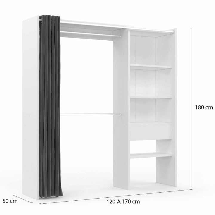 Kit dressing MARTY blanc avec rideau gris 120/170 x 50 x 180 cm