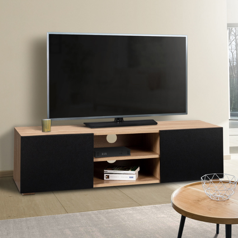 Meuble TV D'angle 100cm ELI - Bois Façon Hêtre Et Noir, Placard Et étagère, Gain De Place
